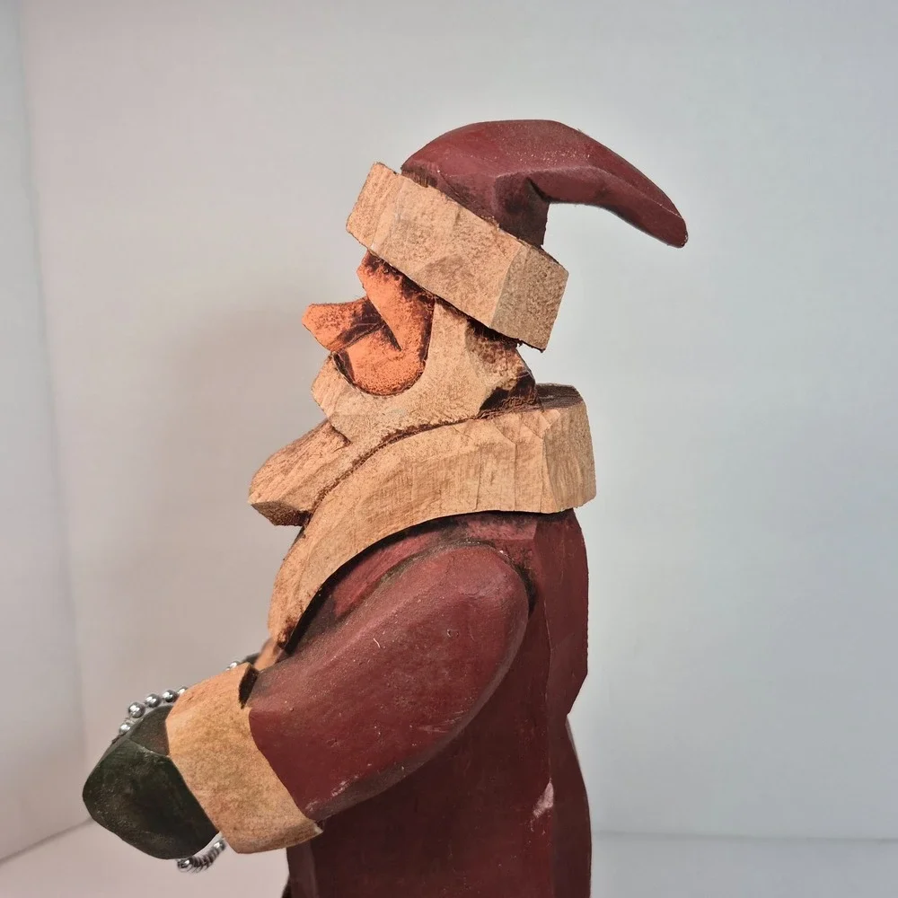 Hand Carved Folk Art Wood Santa Stringing Christmas Lights Signed JFS 11
